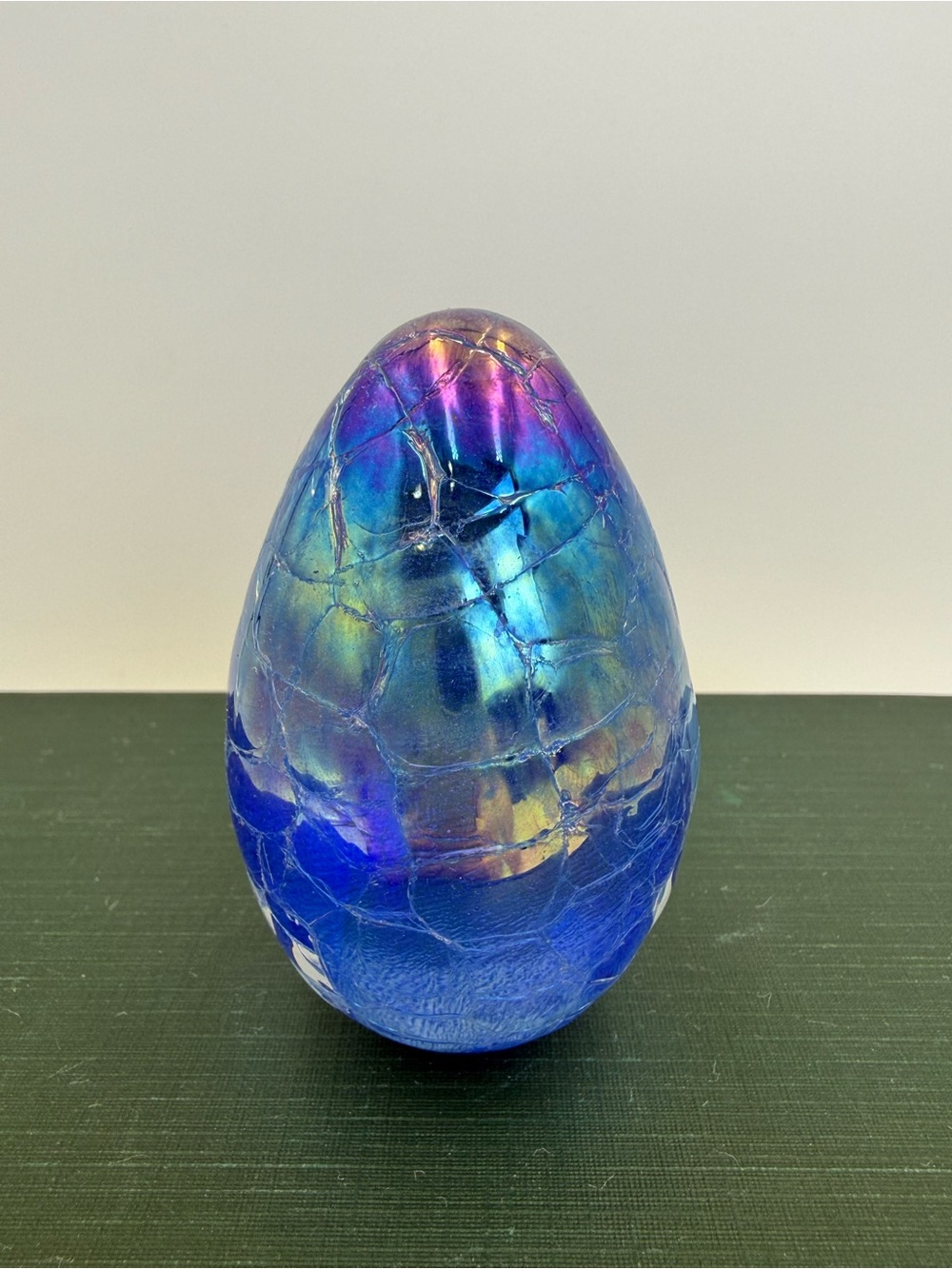 Vintage OBG Blue Metalic Crackle Iridescent Egg Shaped Paperweight Signed 1989